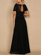 A-Line Floral Jacquard Floor-Length Mother of the Bride & Groom Dresses with V-Neck, Cap Sleeves (SHI22500480)