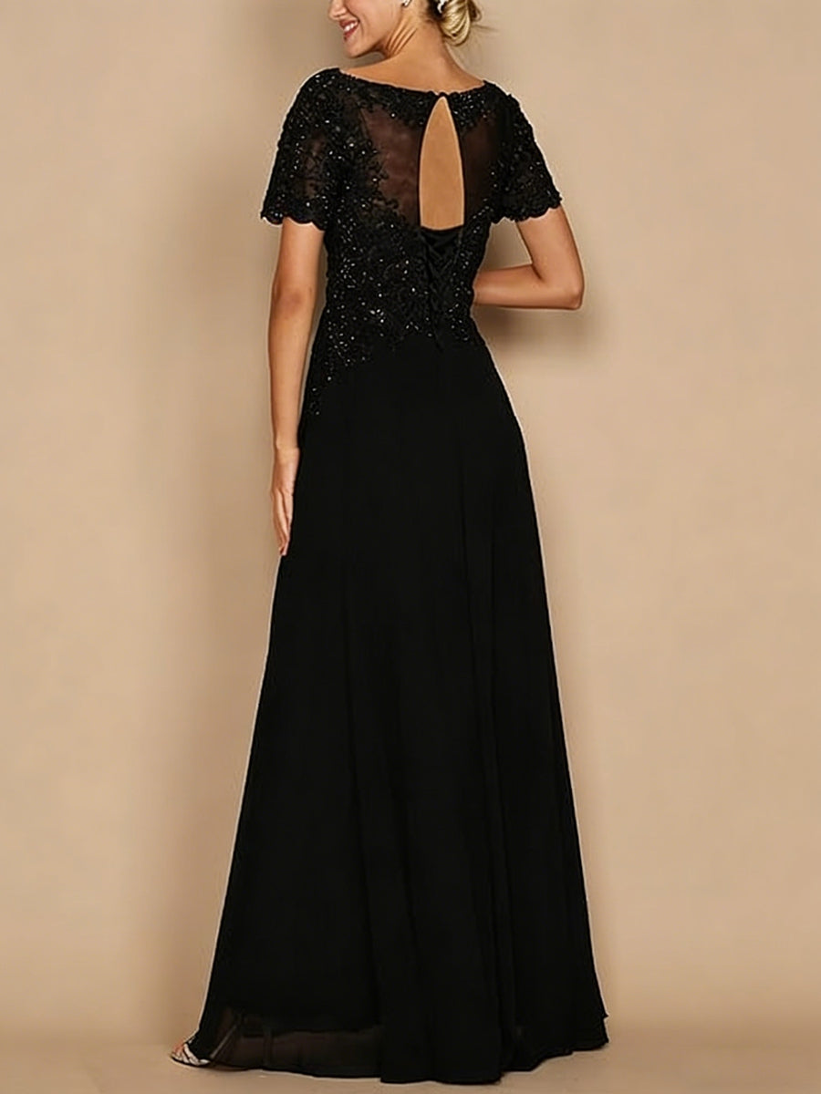 A-Line Floral Jacquard Floor-Length Mother of the Bride & Groom Dresses with V-Neck, Cap Sleeves (SHI22500480)