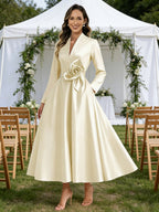 A-Line/Princess V-Neck Satin Tea-Length Mother of the Bride Dresses with Flower (SHI22500080)
