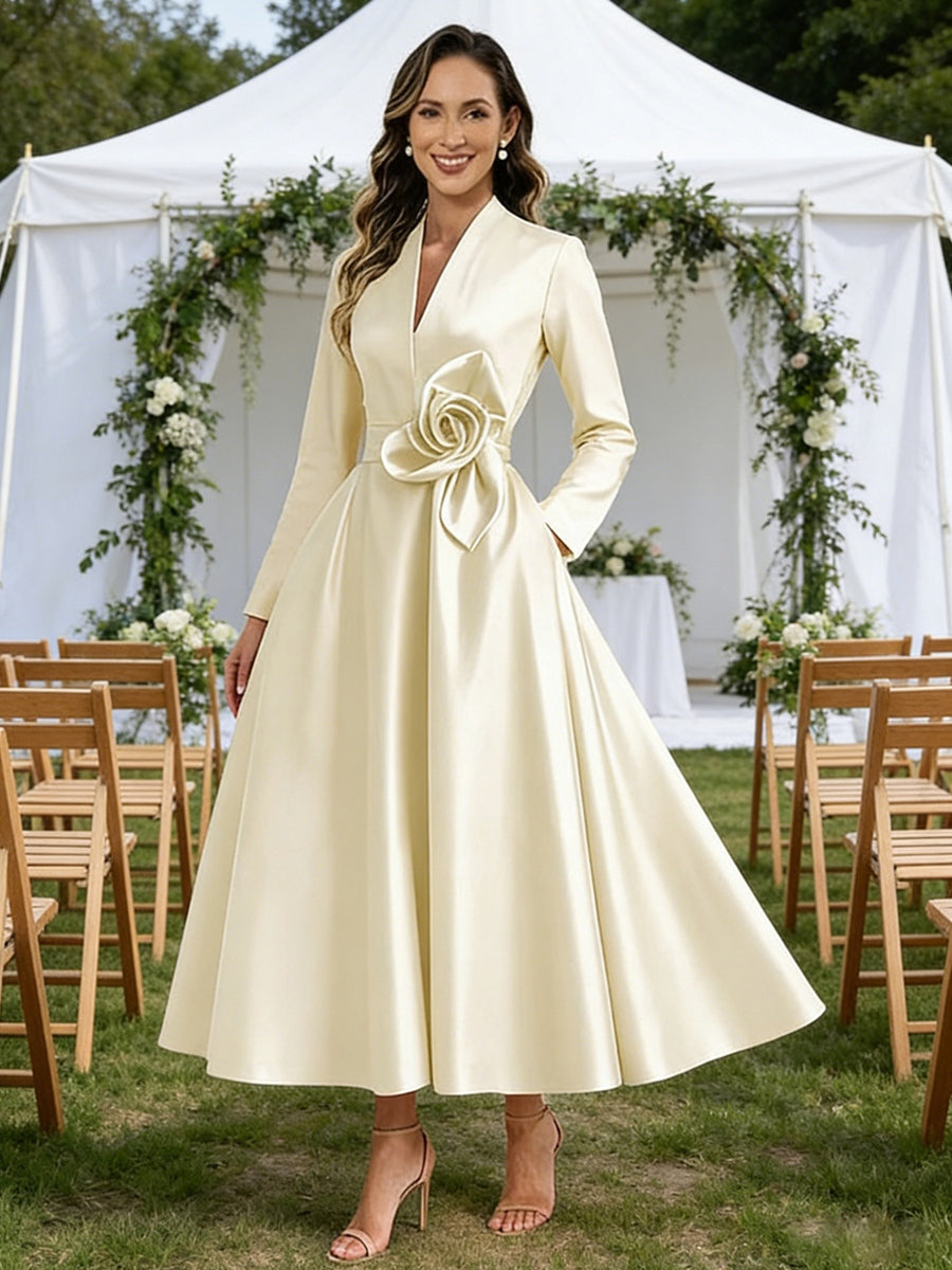 A-Line/Princess V-Neck Satin Tea-Length Mother of the Bride Dresses with Flower (SHI22500080)