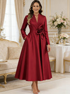 A-Line/Princess V-Neck Satin Tea-Length Mother of the Bride Dresses with Flower (SHI22500080)