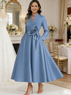 A-Line/Princess V-Neck Satin Tea-Length Mother of the Bride Dresses with Flower (SHI22500080)