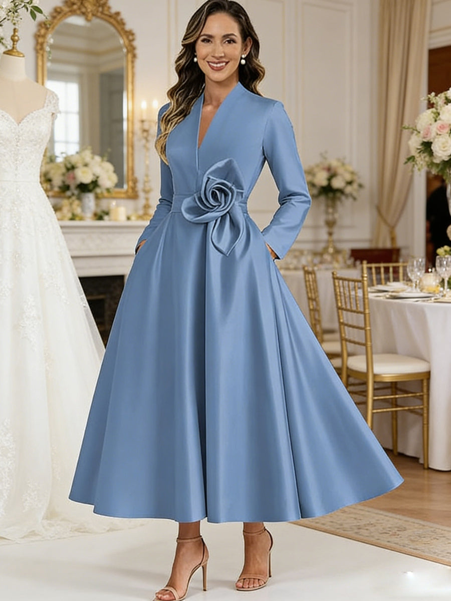 A-Line/Princess V-Neck Satin Tea-Length Mother of the Bride Dresses with Flower (SHI22500080)