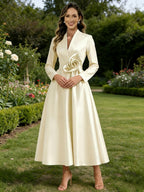 A-Line/Princess V-Neck Satin Tea-Length Mother of the Bride Dresses with Flower (SHI22500080)