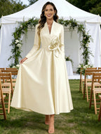 A-Line/Princess V-Neck Satin Tea-Length Mother of the Bride Dresses with Flower (SHI22500080)