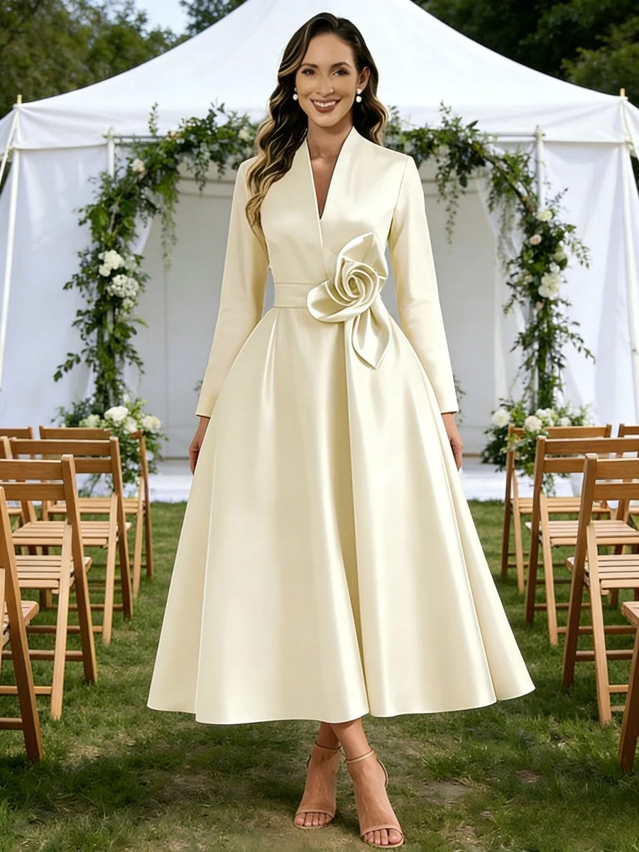 A-Line/Princess V-Neck Satin Tea-Length Mother of the Bride Dresses with Flower (SHI22500080)