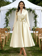 A-Line/Princess V-Neck Satin Tea-Length Mother of the Bride Dresses with Flower (SHI22500080)