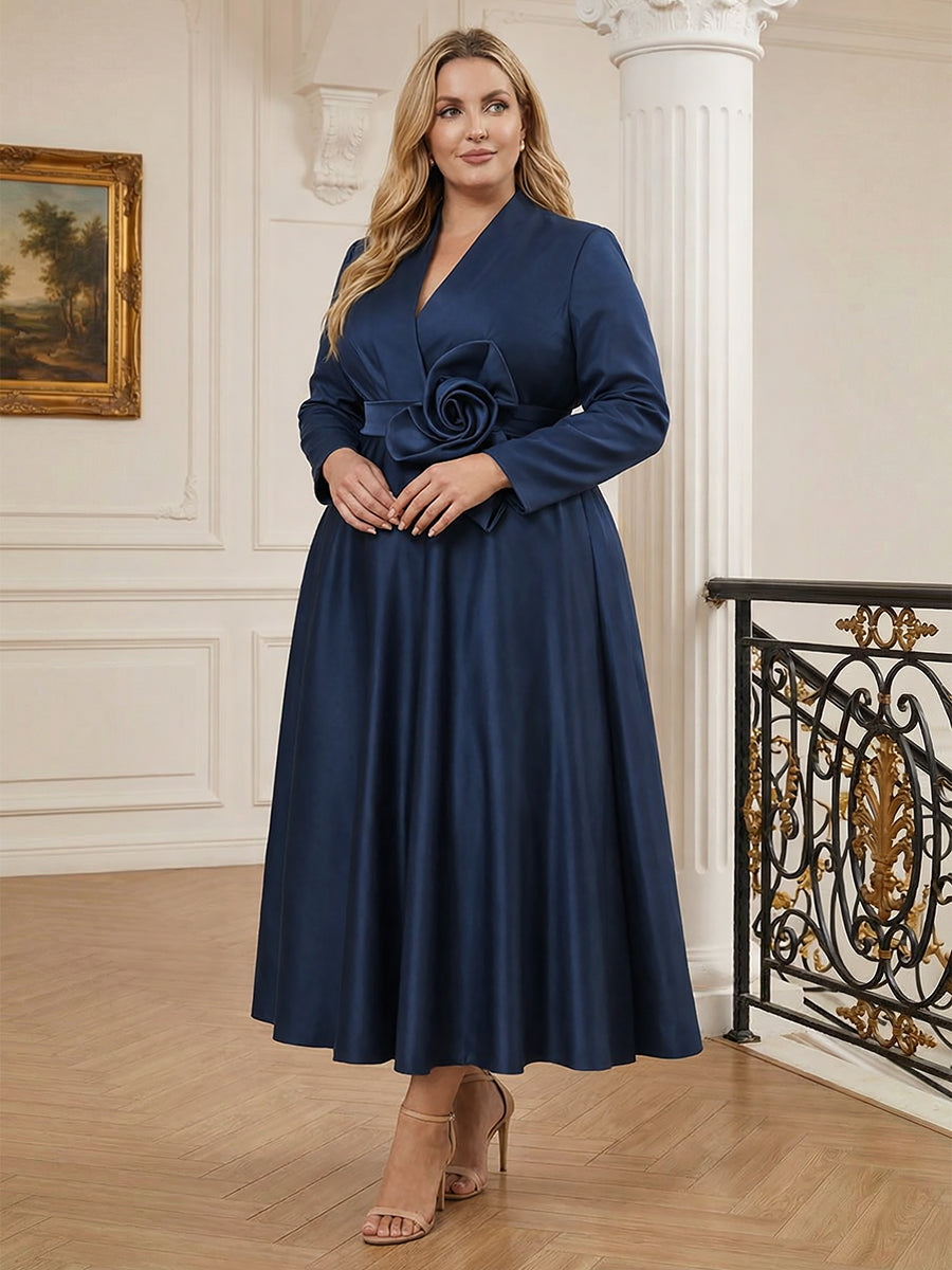 A-Line/Princess V-Neck Satin Tea-Length Mother of the Bride Dresses with Flower (SHI22500080)
