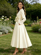 A-Line/Princess V-Neck Satin Tea-Length Mother of the Bride Dresses with Flower (SHI22500080)