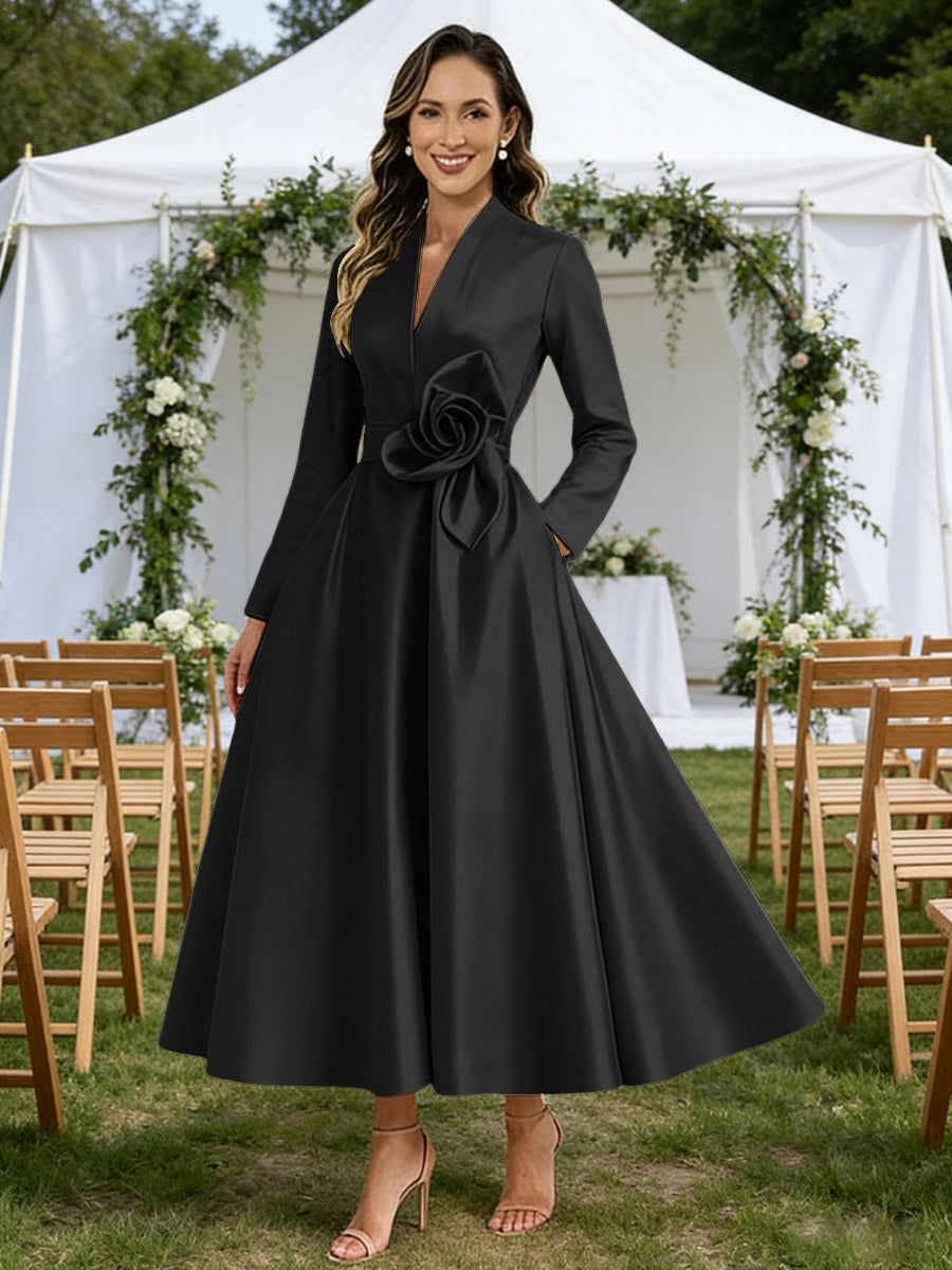 A-Line/Princess V-Neck Satin Tea-Length Mother of the Bride Dresses with Flower (SHI22500080)