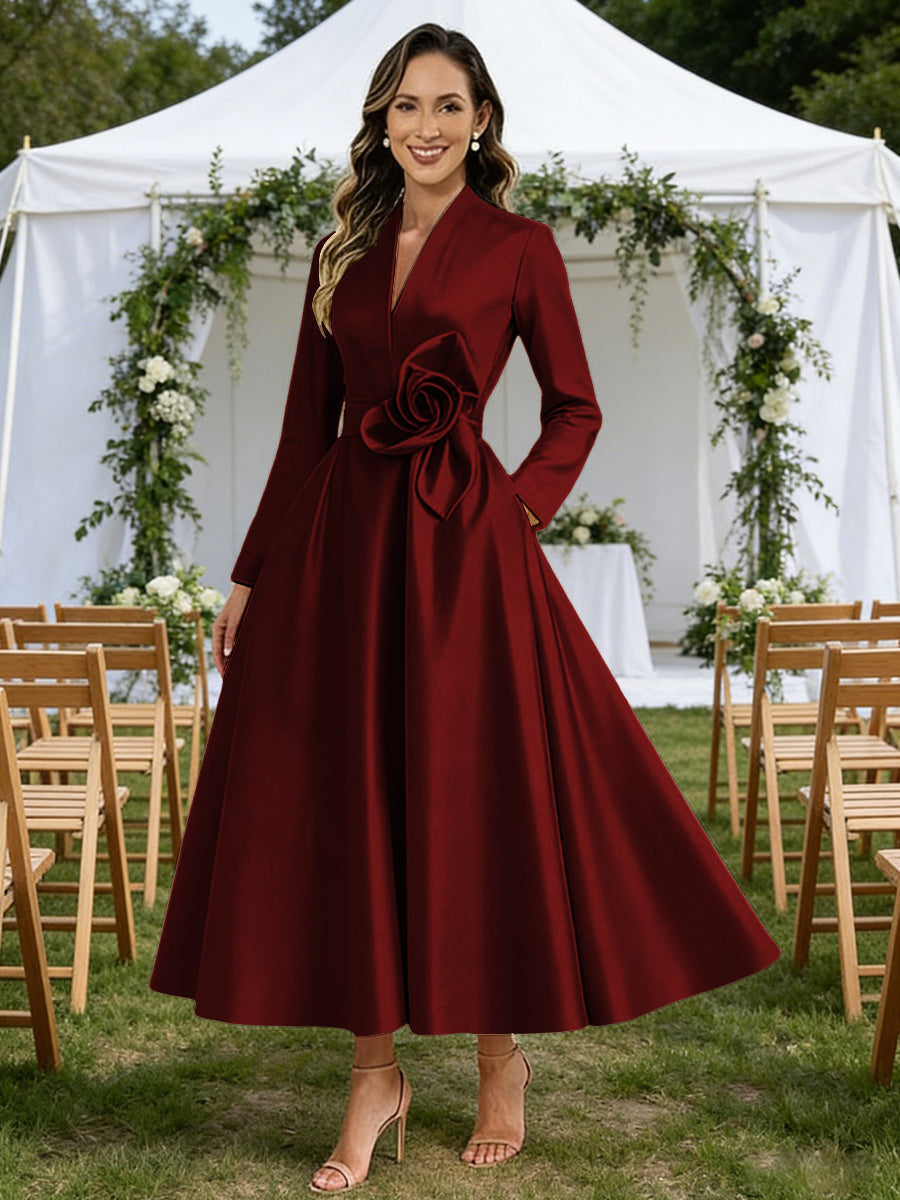 A-Line/Princess V-Neck Satin Tea-Length Mother of the Bride Dresses with Flower (SHI22500080)