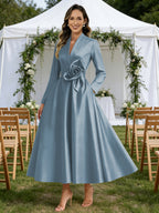A-Line/Princess V-Neck Satin Tea-Length Mother of the Bride Dresses with Flower (SHI22500080)