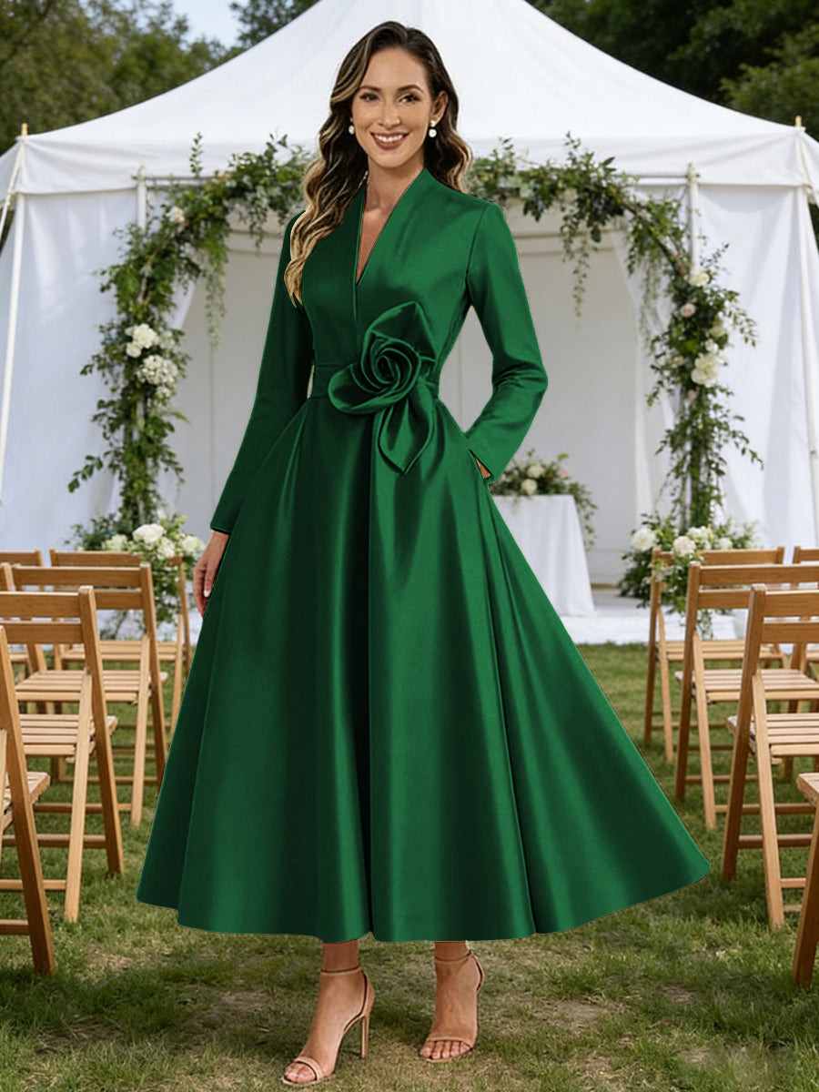 A-Line/Princess V-Neck Satin Tea-Length Mother of the Bride Dresses with Flower (SHI22500080)