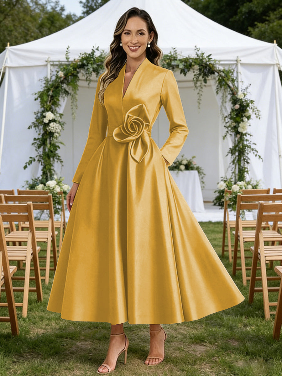 A-Line/Princess V-Neck Satin Tea-Length Mother of the Bride Dresses with Flower (SHI22500080)