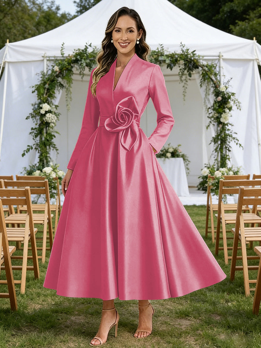A-Line/Princess V-Neck Satin Tea-Length Mother of the Bride Dresses with Flower (SHI22500080)