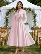 A-Line/Princess V-Neck Satin Tea-Length Mother of the Bride Dresses with Flower (SHI22500080)