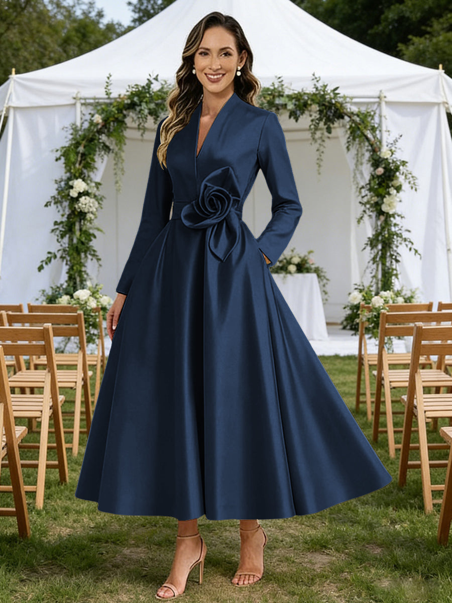 A-Line/Princess V-Neck Satin Tea-Length Mother of the Bride Dresses with Flower (SHI22500080)