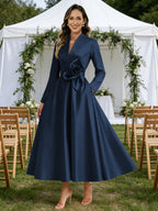 A-Line/Princess V-Neck Satin Tea-Length Mother of the Bride Dresses with Flower (SHI22500080)