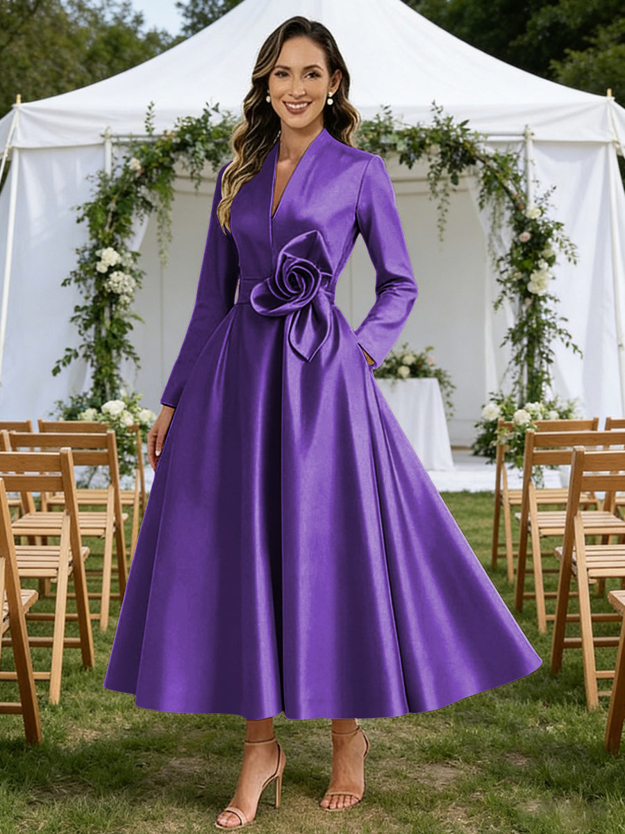 A-Line/Princess V-Neck Satin Tea-Length Mother of the Bride Dresses with Flower (SHI22500080)