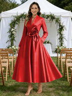 A-Line/Princess V-Neck Satin Tea-Length Mother of the Bride Dresses with Flower (SHI22500080)
