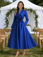 A-Line/Princess V-Neck Satin Tea-Length Mother of the Bride Dresses with Flower (SHI22500080)