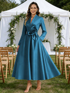 A-Line/Princess V-Neck Satin Tea-Length Mother of the Bride Dresses with Flower (SHI22500080)