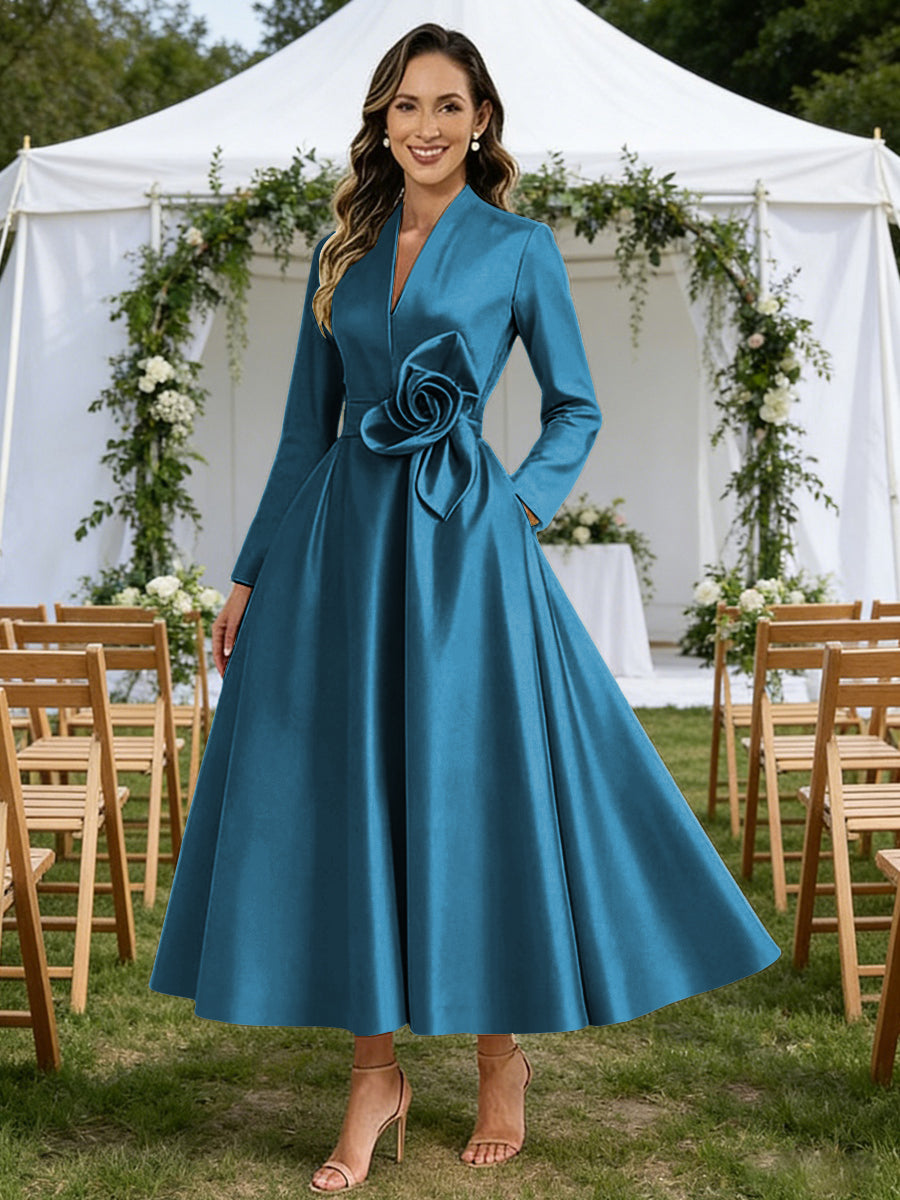A-Line/Princess V-Neck Satin Tea-Length Mother of the Bride Dresses with Flower (SHI22500080)