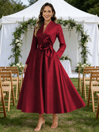A-Line/Princess V-Neck Satin Tea-Length Mother of the Bride Dresses with Flower (SHI22500080)
