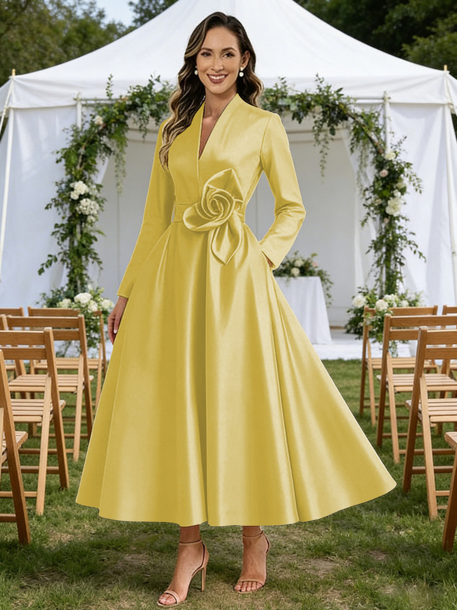 A-Line/Princess V-Neck Satin Tea-Length Mother of the Bride Dresses with Flower (SHI22500080)