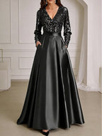 A-Line Chiffon V-Neck Short Sleeve Mother of the Bride Dresses Floor-Length with Sequin Appliques (SHI22500297)