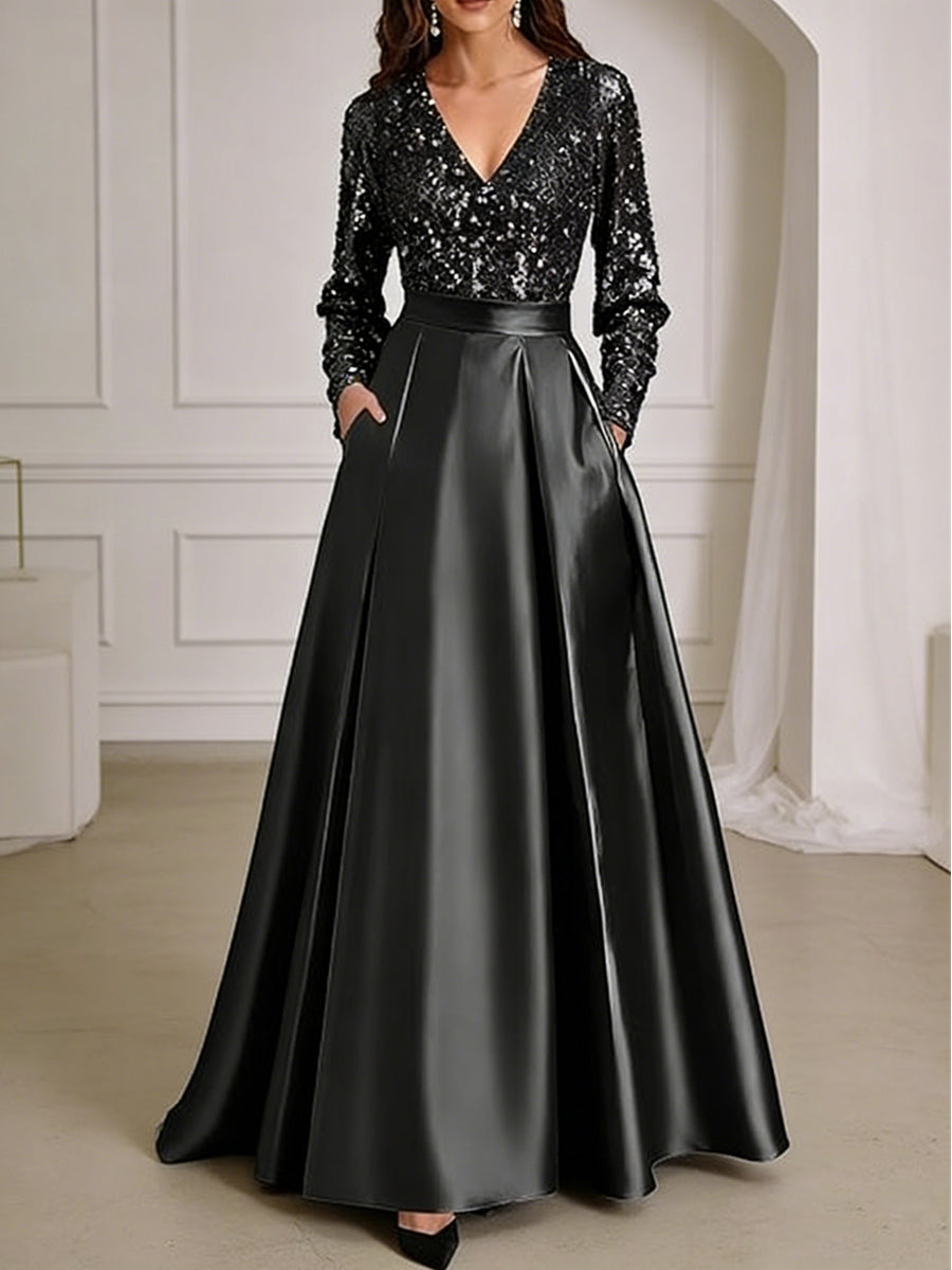 A-Line/Princess V-Neck Pleated Satin Ankle-Length Mother of the Bride Dresses with Sequins (SHI22500082)
