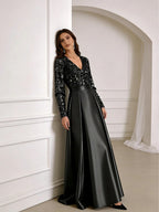A-Line/Princess V-Neck Pleated Satin Ankle-Length Mother of the Bride Dresses with Sequins (SHI22500082)