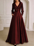 A-Line/Princess V-Neck Pleated Satin Ankle-Length Mother of the Bride Dresses with Sequins (SHI22500082)