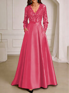A-Line/Princess V-Neck Pleated Satin Ankle-Length Mother of the Bride Dresses with Sequins (SHI22500082)