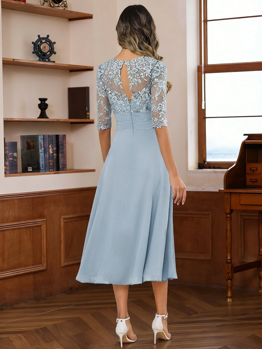 A-Line/Princess Scoop Illusion Lace Appliques Tea-Length Mother of the Bride Dresses with Pleated Ruffle (SHI22500105)