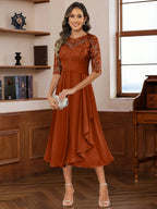 A-Line/Princess Scoop Illusion Lace Appliques Tea-Length Mother of the Bride Dresses with Pleated Ruffle (SHI22500105)