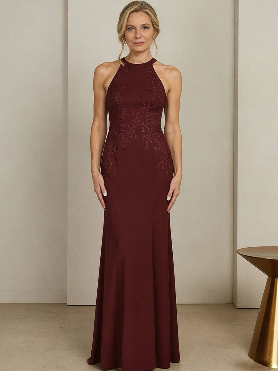 Sheath/Column Halter Scoop Neck Floor-Length Mother of the Bride Dresses with Lace Appliques (SHI22500106)