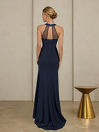 Sheath/Column Halter Scoop Neck Floor-Length Mother of the Bride Dresses with Lace Appliques (SHI22500106)