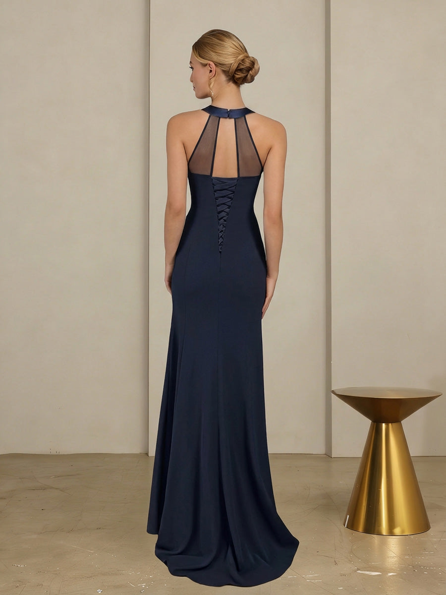 Sheath/Column Halter Scoop Neck Floor-Length Mother of the Bride Dresses with Lace Appliques (SHI22500106)