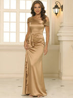 Sheath/Column Asymmetrical Pleated Satin Floor-Length Mother of the Bride Dresses with Ruffle (SHI22500107)