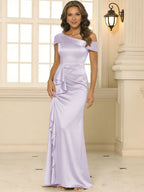 Sheath/Column Asymmetrical Pleated Satin Floor-Length Mother of the Bride Dresses with Ruffle (SHI22500107)