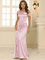 Sheath/Column Asymmetrical Pleated Satin Floor-Length Mother of the Bride Dresses with Ruffle (SHI22500107)