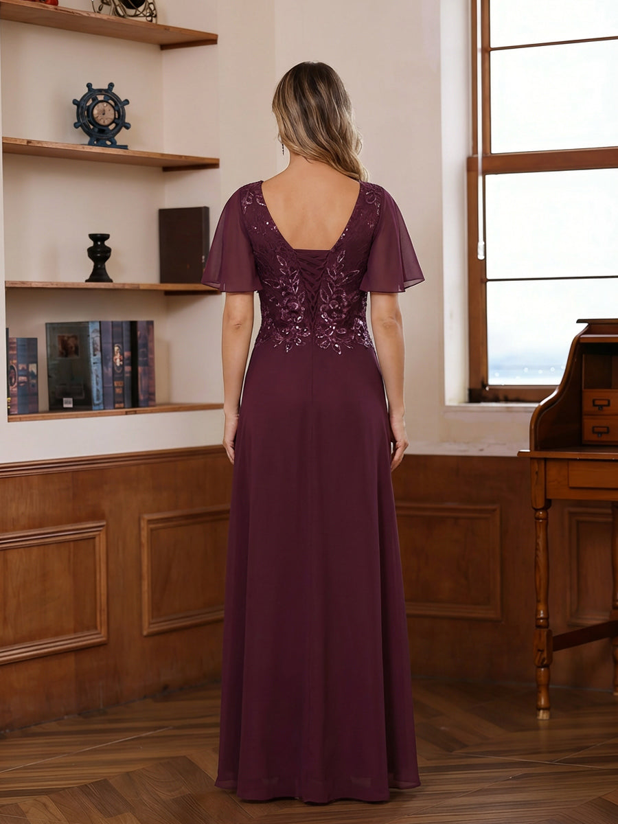 A-Line Chiffon Cape Sleeves Floor-Length Mother of the Bride & Groom Dresses with Floral Sequin Bodice (SHI22500691)