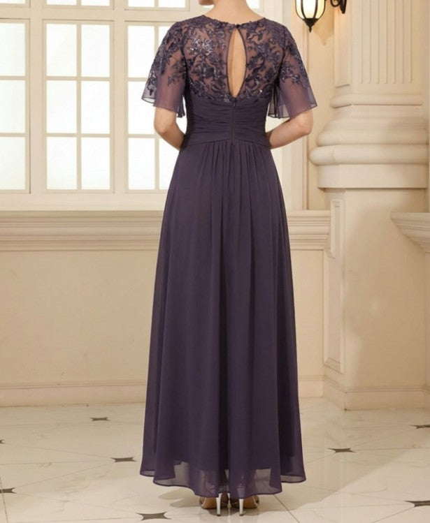A-Line Satin V-Neck 3/4 Sleeve Mother of the Bride Dresses Floor-Length Ball Gown with Applique (SHI22500294)