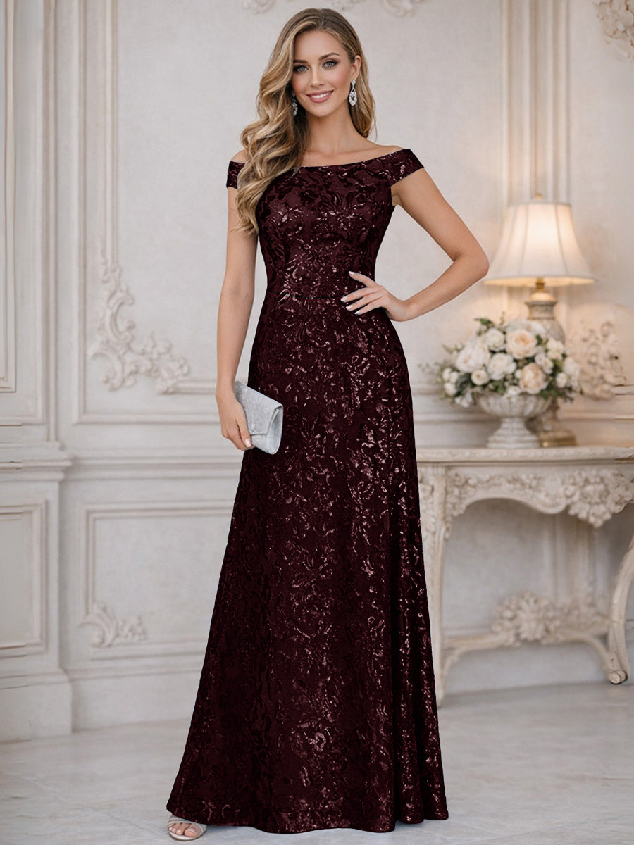 A-Line Off Shoulder Floor-Length Mother of the Bride Dresses with Sequins (SHI22500114)