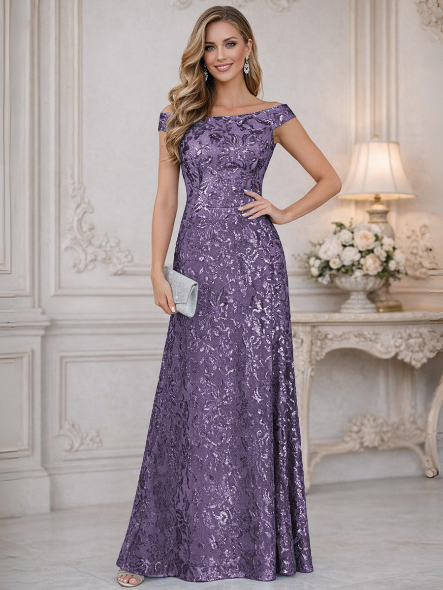 A-Line Off Shoulder Floor-Length Mother of the Bride Dresses with Sequins (SHI22500114)
