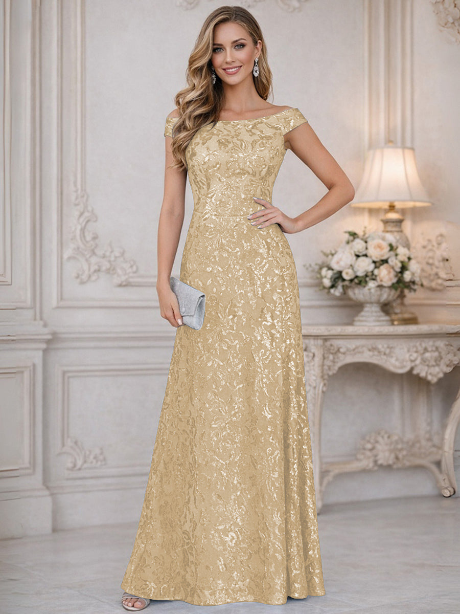 A-Line Off Shoulder Floor-Length Mother of the Bride Dresses with Sequins (SHI22500114)