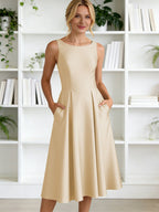 A-Line/Princess Scoop Neck Satin Tea-Length Mother of the Bride Dresses with Pockets (SHI22500122)