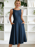 A-Line/Princess Scoop Neck Satin Tea-Length Mother of the Bride Dresses with Pockets (SHI22500122)