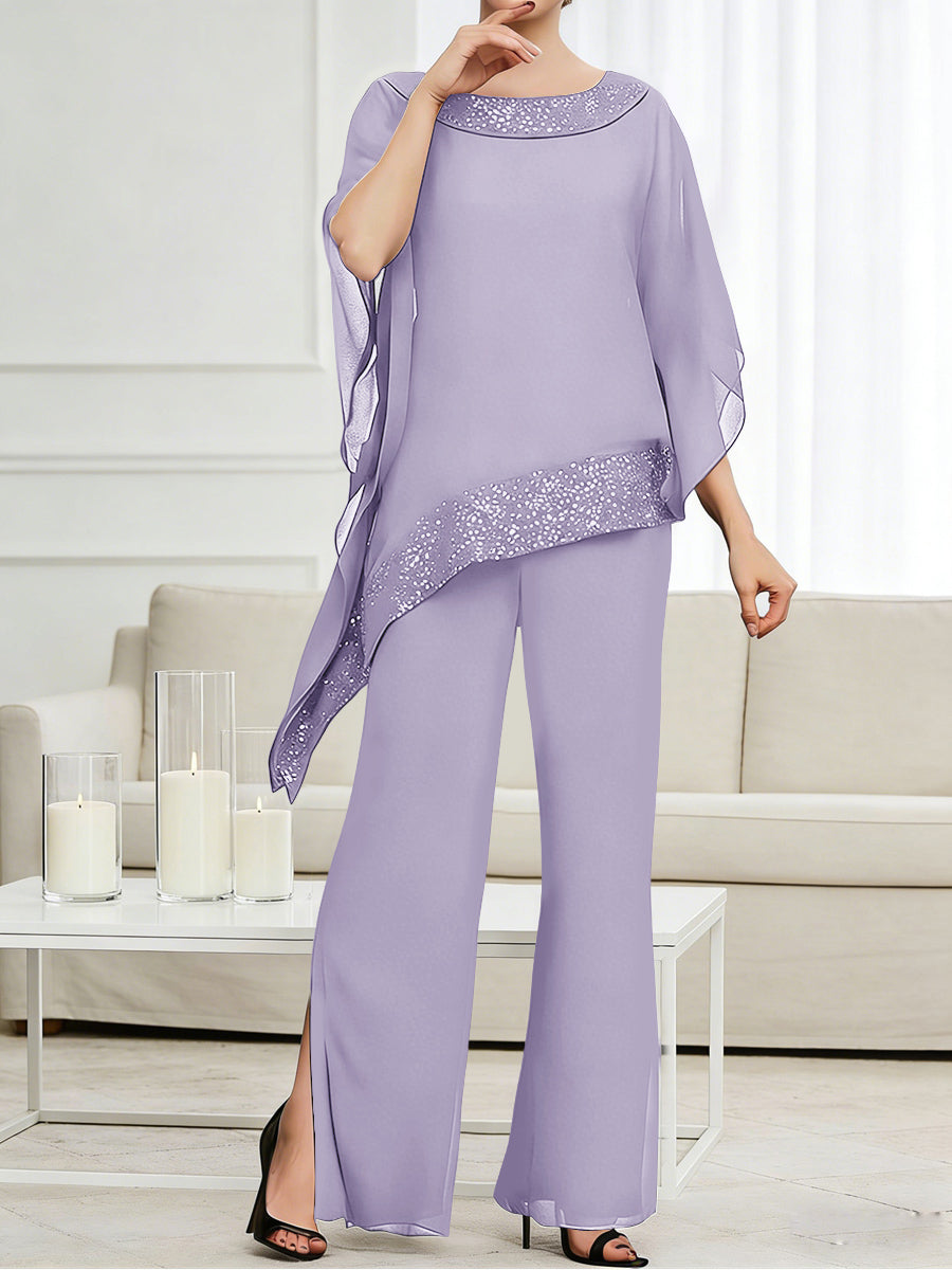 Pantsuits Separates Scoop Neck Sequins Asymmetrical Ankle-Length Mother of the Bride Dress with Slit (SHI22500132)